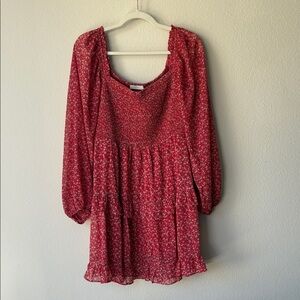 Red Mini dress with a neutral floral print pattern 7/8 length sleeves